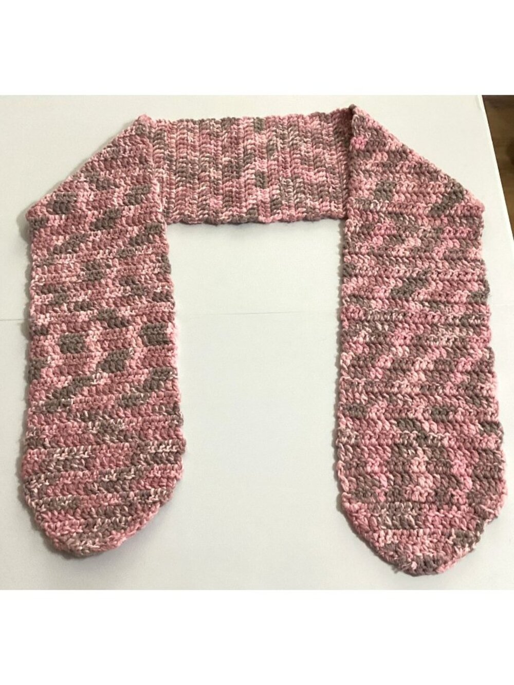 Handmade Knit Crocheted Scarf Cable Knit Super Soft Yarn Pink Gray 68" x 7"